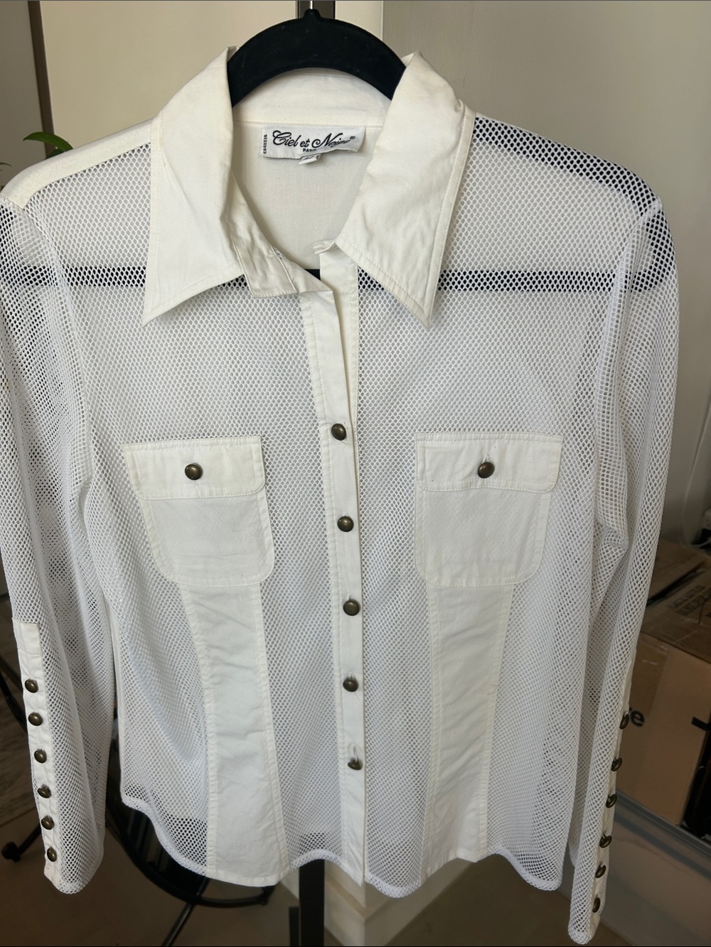 White Mesh Button-western Front Shirt with copper buttons  on cuffs and front.